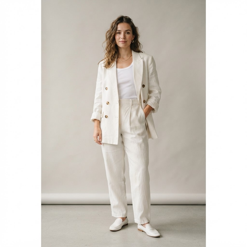 Oversize Keten Blazer – Pudra